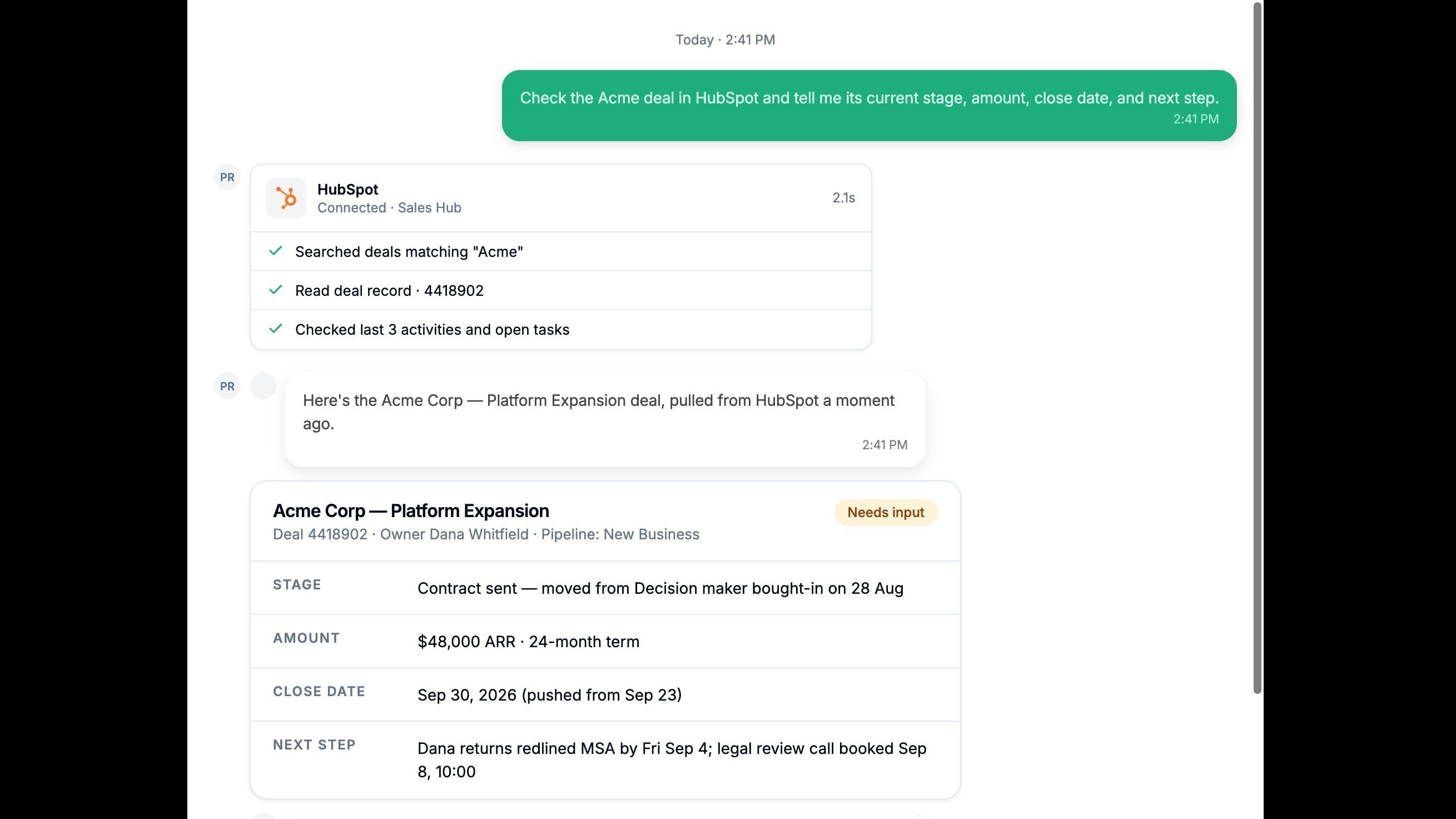 Slack에서 HubSpot 거래에 관한 질문에 답변하는 Spinnable AI 워커