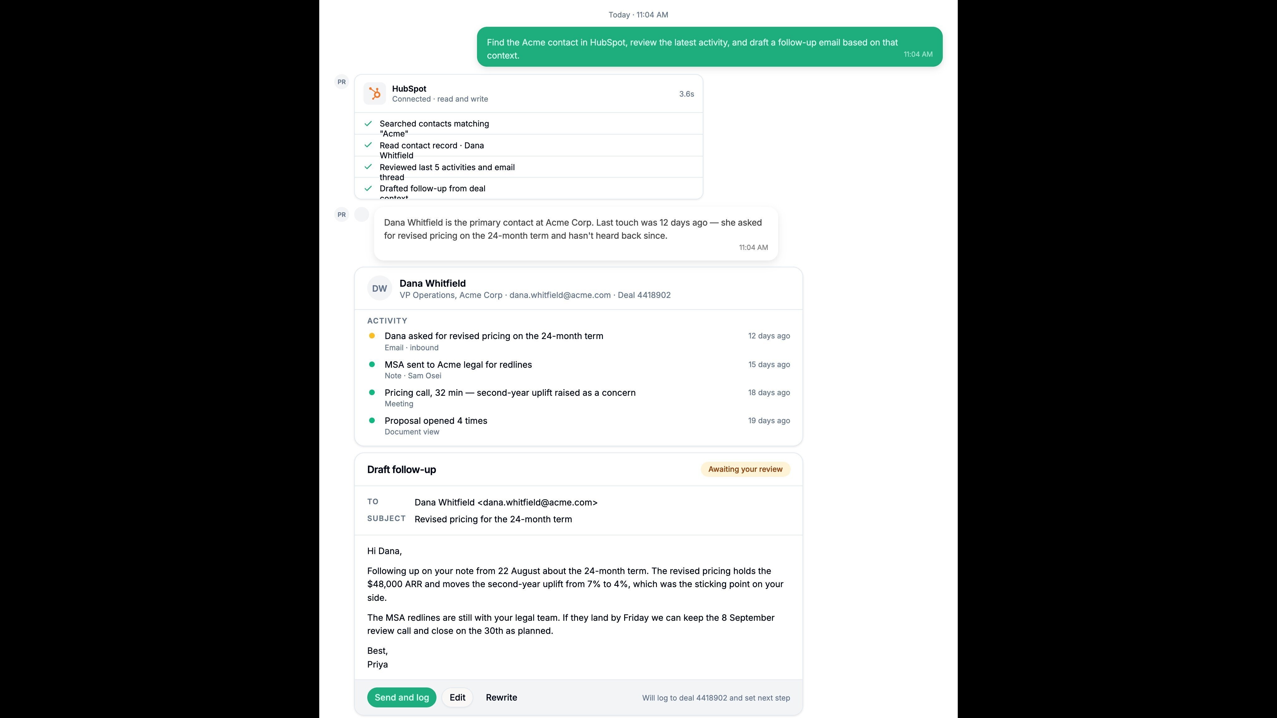 HubSpot 연락처 내역을 바탕으로 Spinnable 직원이 작성한 후속 이메일